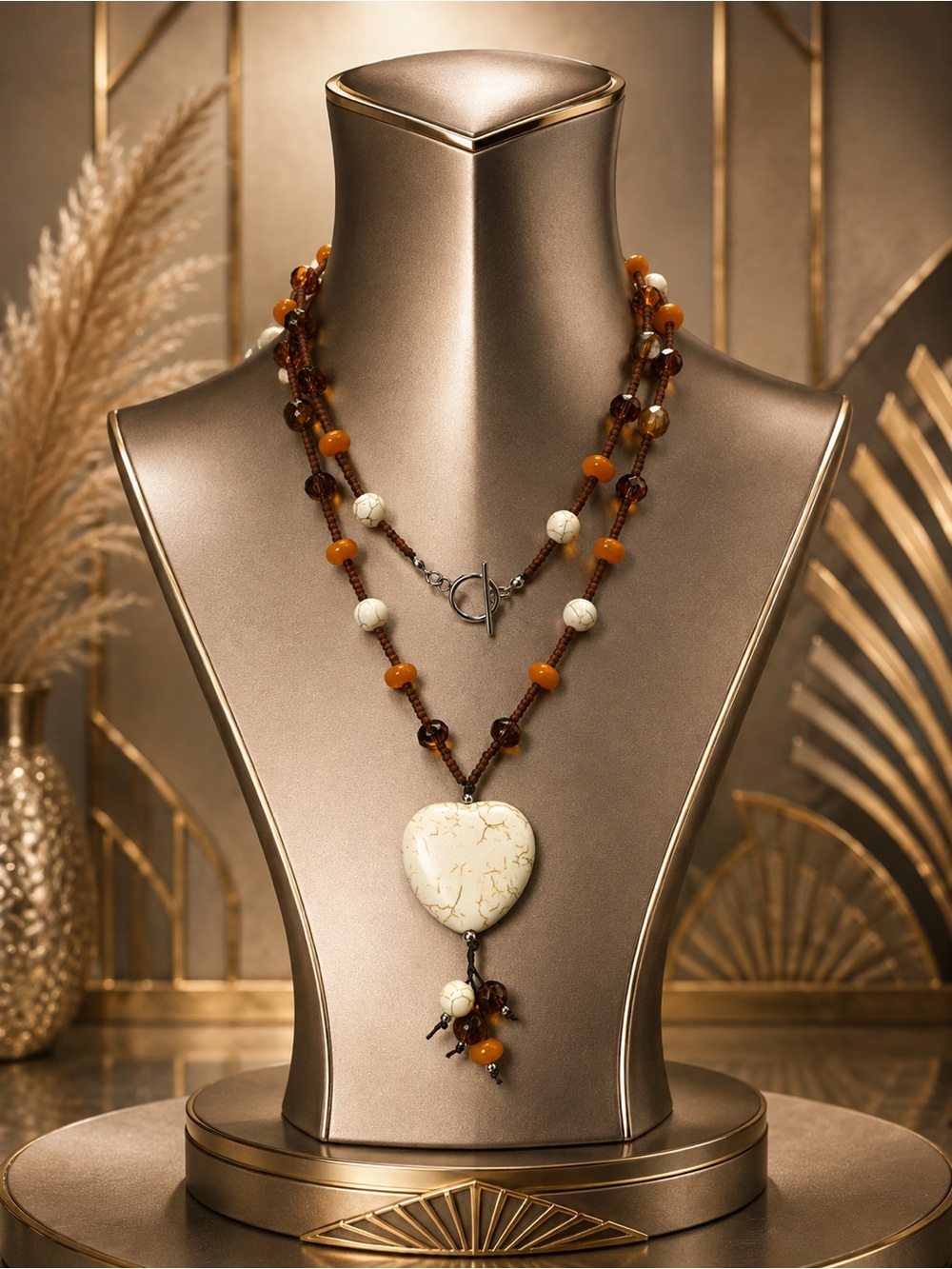 🆕😍Handcrafted Howlite Heart Pendant Layered Beaded Necklace - Amber & Cream